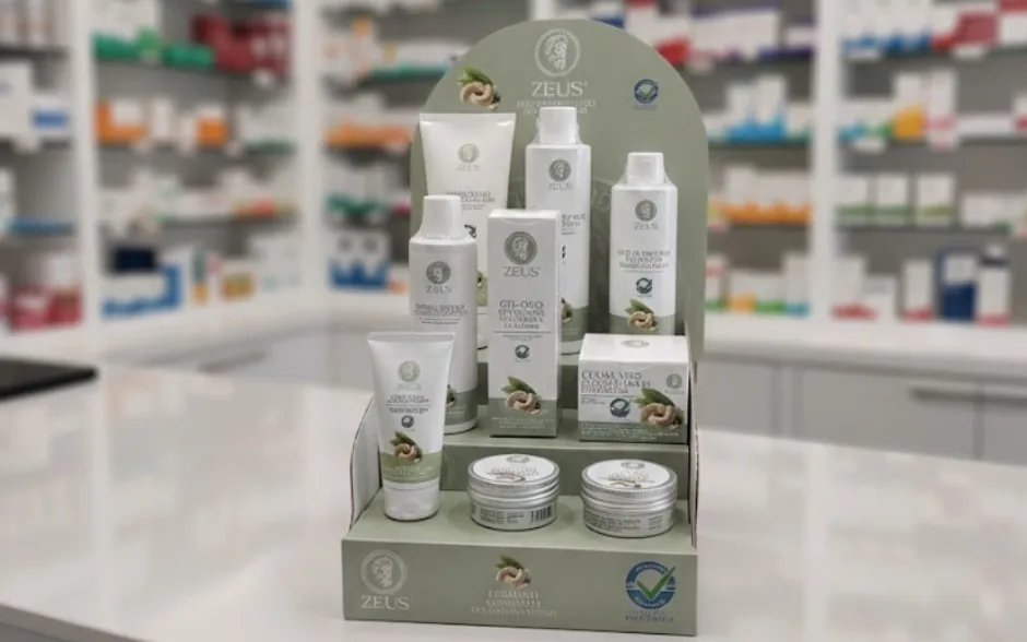 L'espositore da banco della linea cosmetica Zeus in farmacia