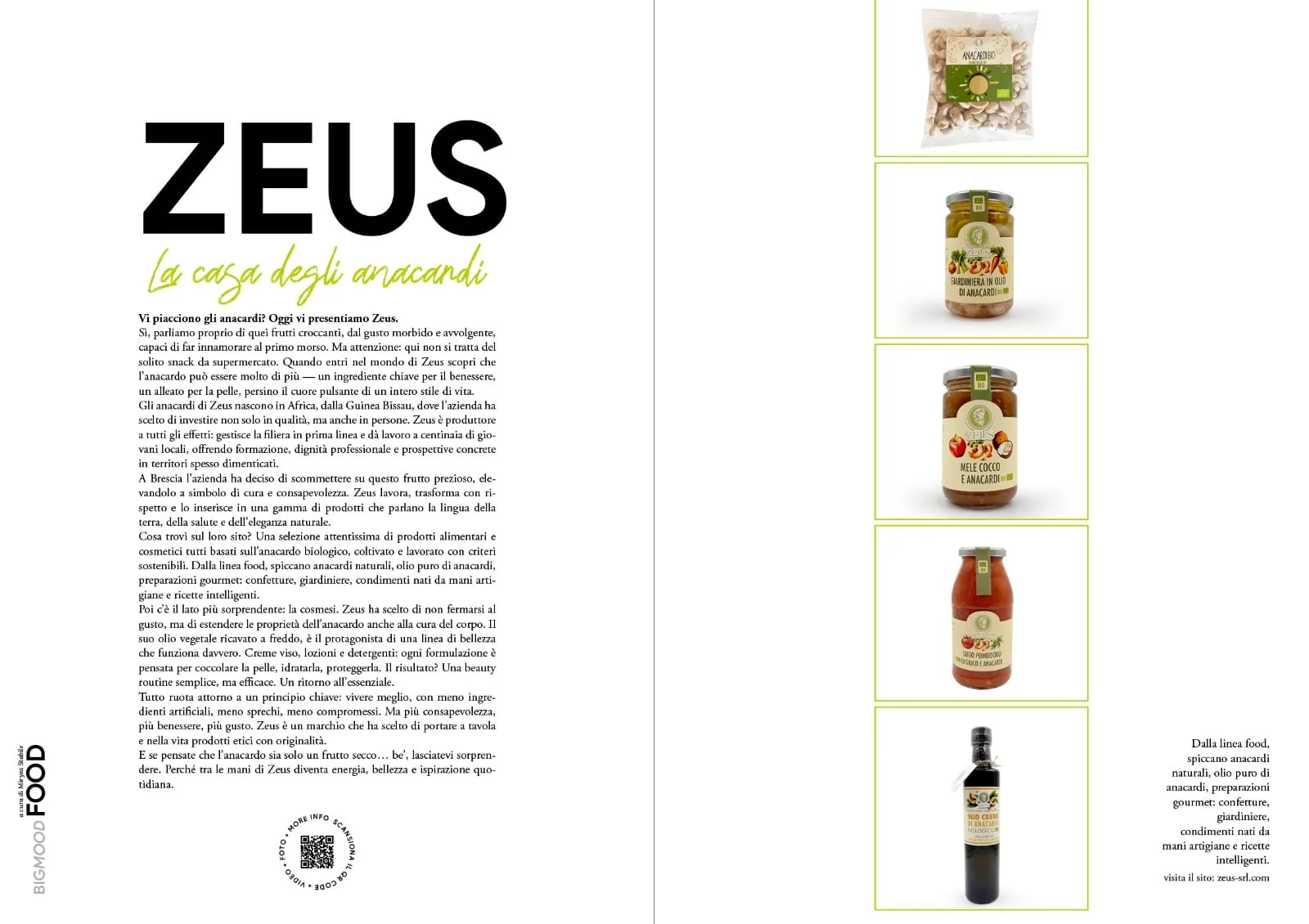 Doppia pagina di BigMood: il titolo «ZEUS — la casa degli anacardi» e, sulla destra, cinque prodotti alimentari Zeus in colonna — anacardi bio in busta, giardiniera in olio di anacardi, mele cocco e anacardi, sugo di pomodoro e olio crudo di anacardi