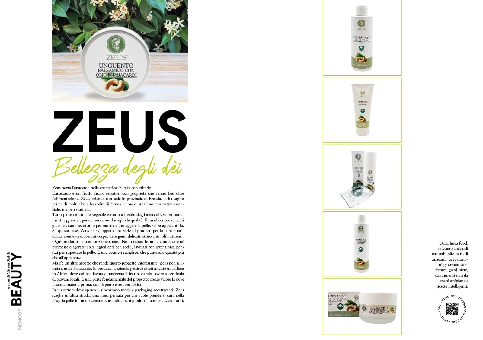 Doppia pagina di BigMood: il titolo «ZEUS — bellezza degli dèi» sotto la foto dell'Unguento Balsamico fra i fiori di gelsomino, e sulla destra cinque cosmetici Zeus in colonna — olio corpo e capelli, crema corpo, gel-olio struccante, olio da massaggio e crema viso anti-age