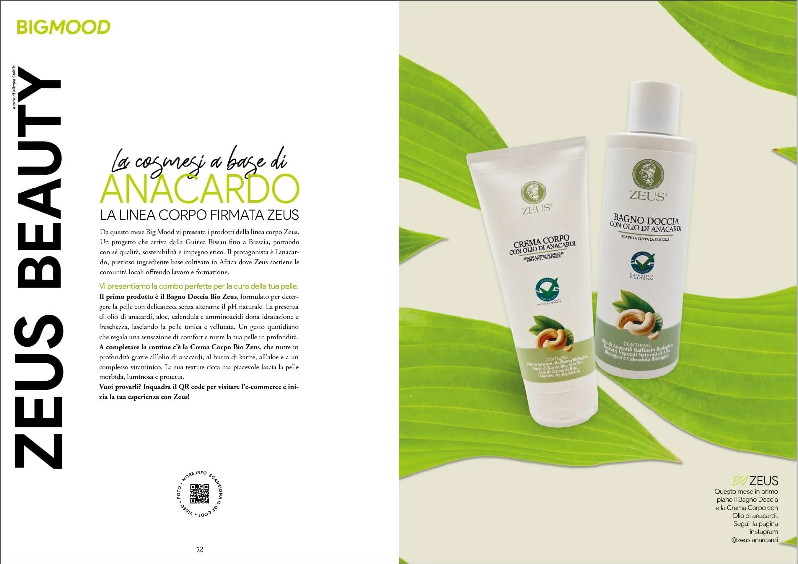 Doppia pagina di BigMood: «La cosmesi a base di anacardo — la linea corpo firmata Zeus» e, sulla destra, il tubo della Crema Corpo e il flacone del Bagno Doccia con olio di anacardi appoggiati su grandi foglie verdi