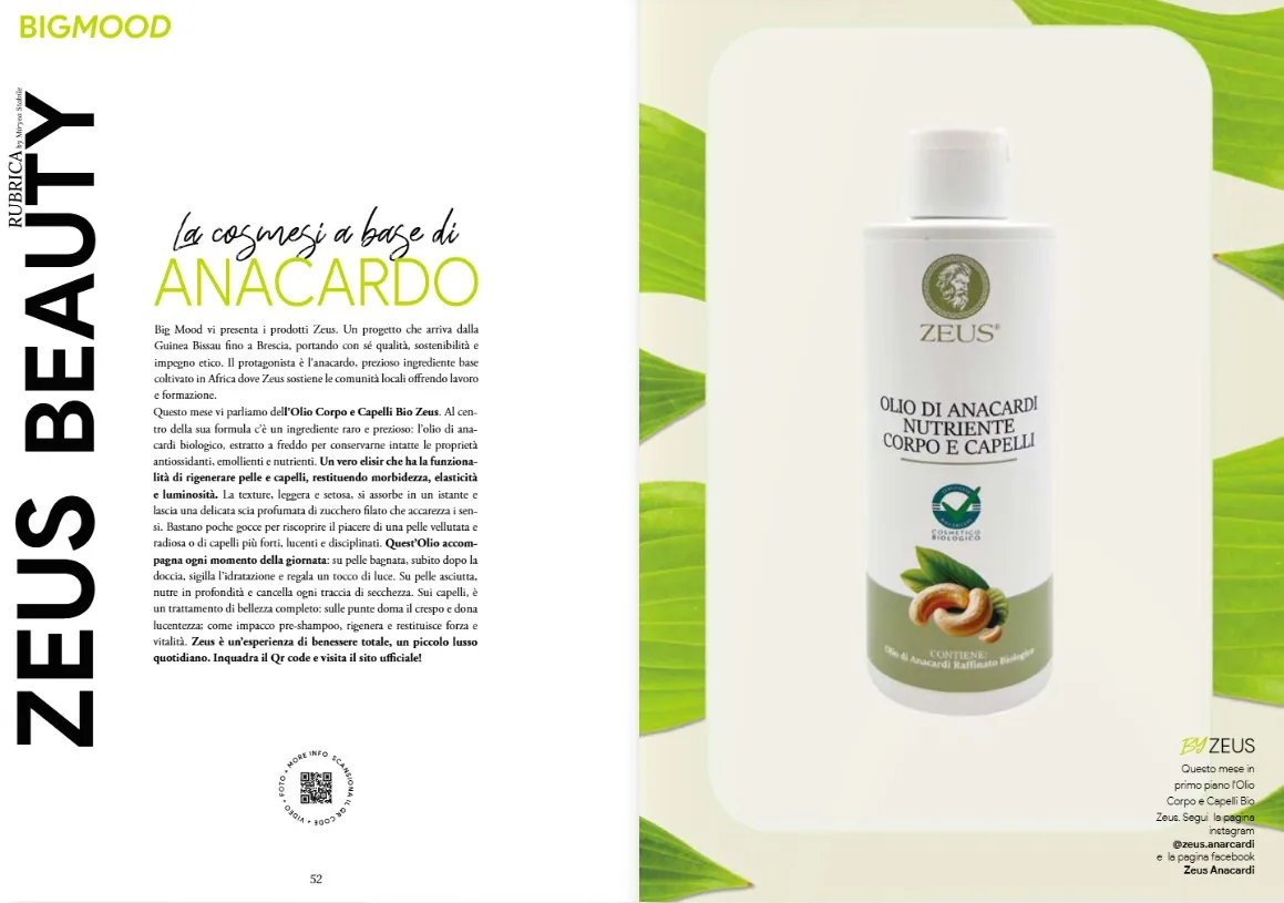 Doppia pagina di BigMood: «La cosmesi a base di anacardo» e, sulla destra, il flacone dell'Olio di Anacardi Nutriente Corpo e Capelli su uno sfondo di foglie verdi