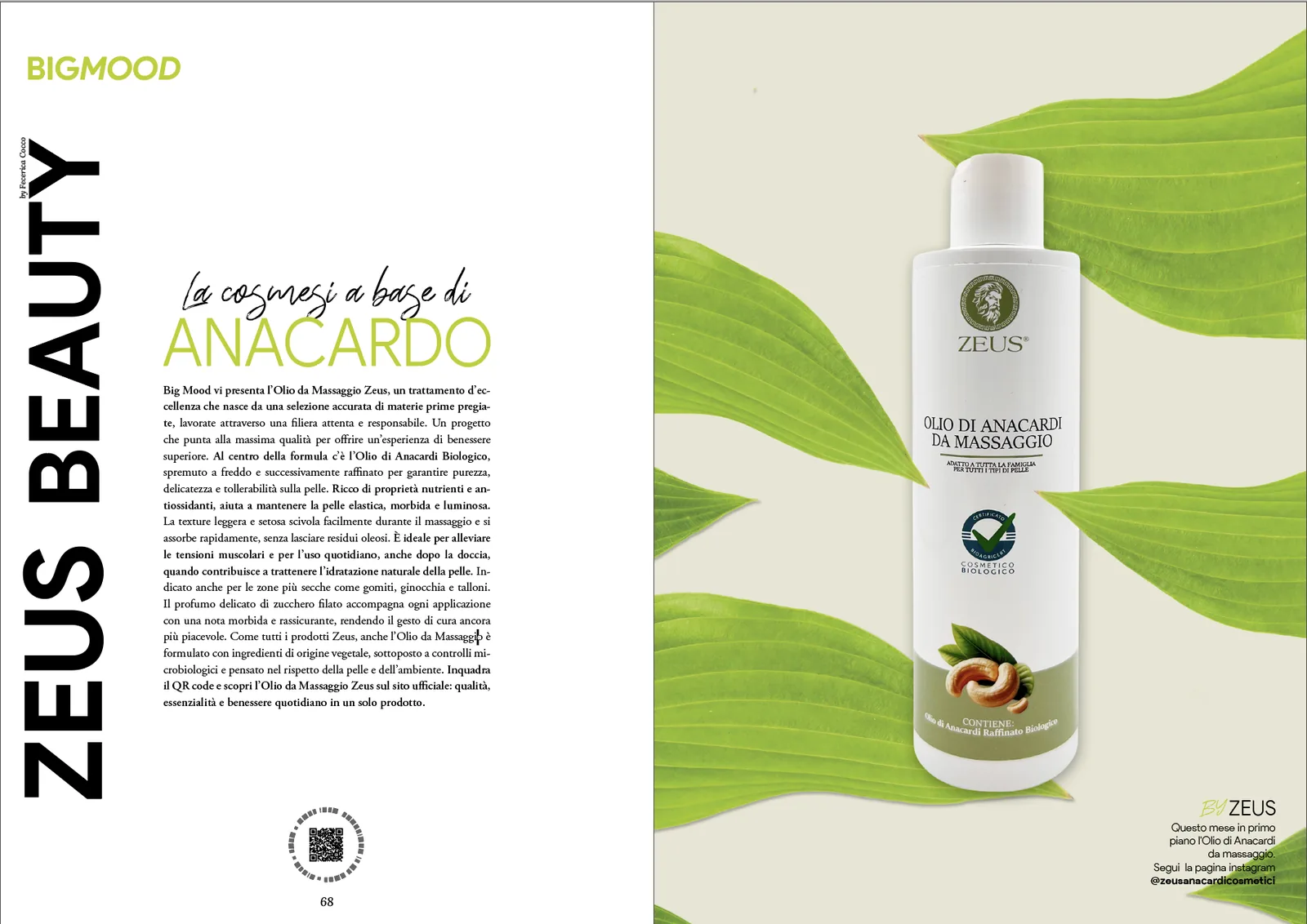 Doppia pagina di BigMood: «La cosmesi a base di anacardo» e, sulla destra, il flacone dell'Olio di Anacardi da Massaggio su uno sfondo di foglie verdi