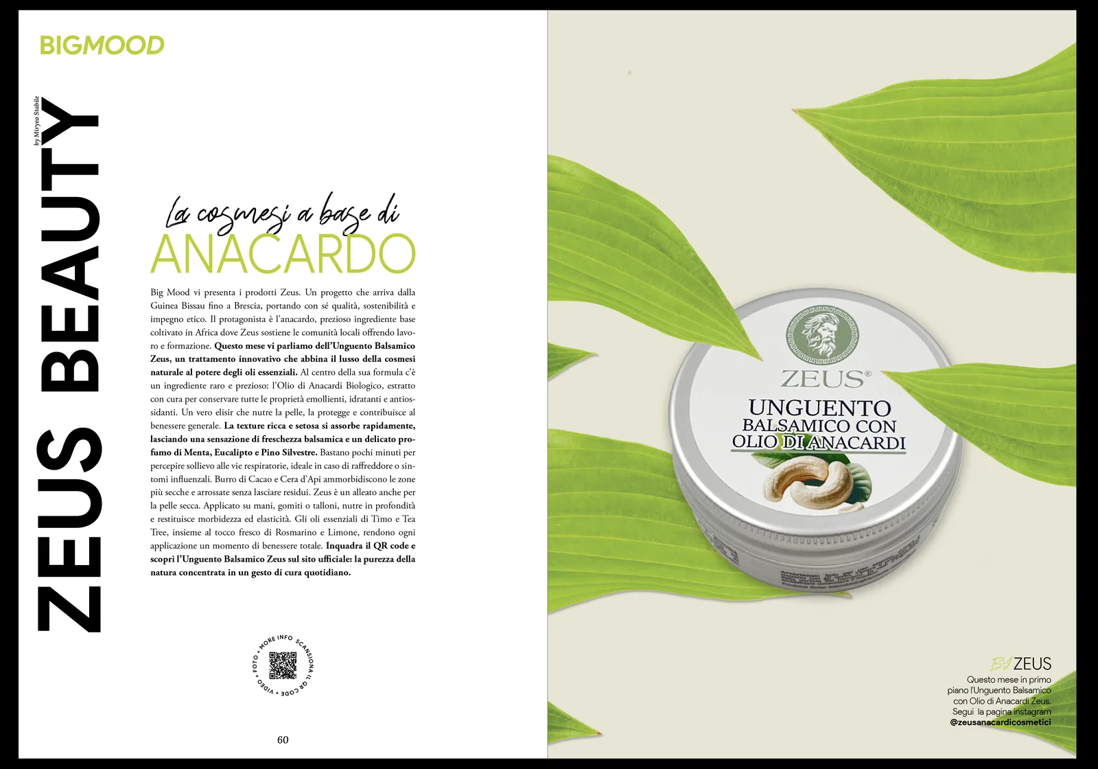 Doppia pagina di BigMood: «La cosmesi a base di anacardo» e, sulla destra, il barattolo di alluminio dell'Unguento Balsamico con olio di anacardi su uno sfondo di foglie verdi